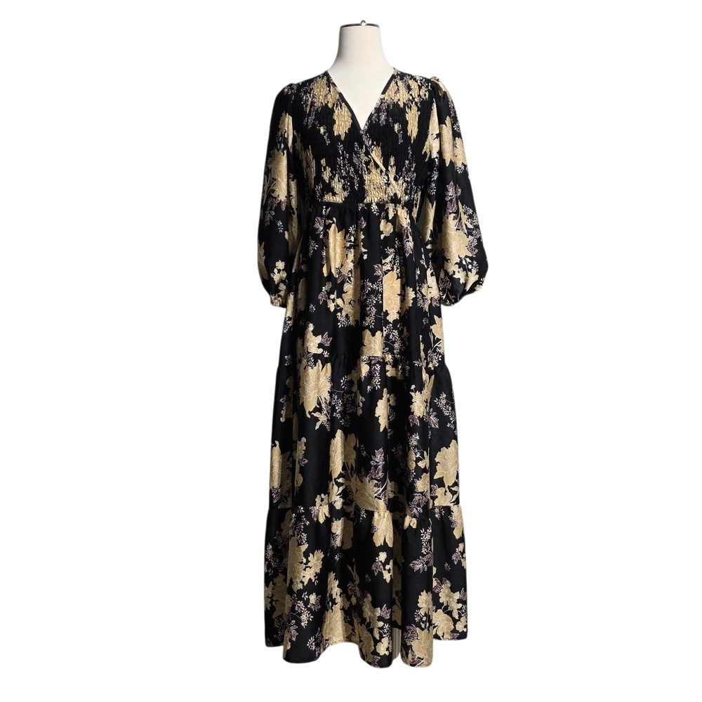 BÖHME TIERED FLORAL SMOCKED V-NECK MAXI DRESS SZ L